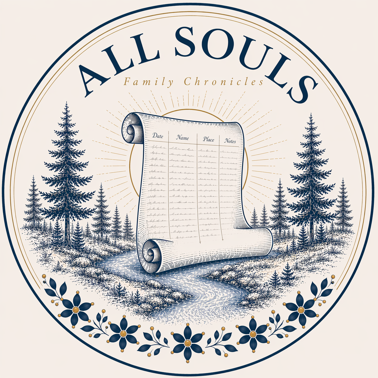 This is the All SOuls Family Chronicles business logo. It is an unfurled scroll resembling a church register nested inside a circle. The top reads All Souls Family Chroonicles and the bottom shows Pine trees, a river, and Kashubian style flowers.